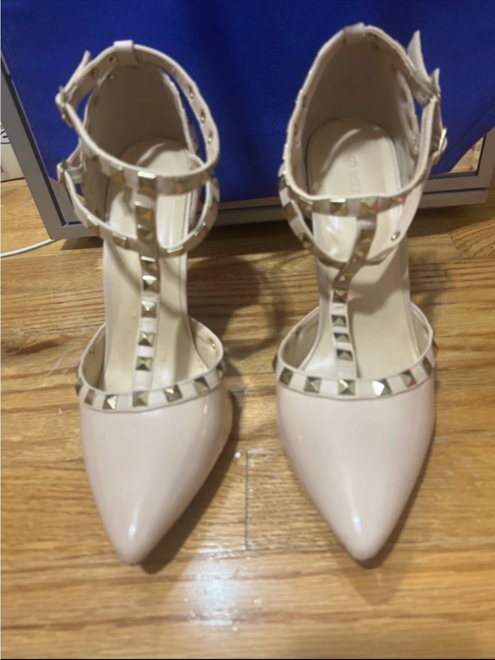 Wild Diva Blush Studded T-Strap Pointed Pumps